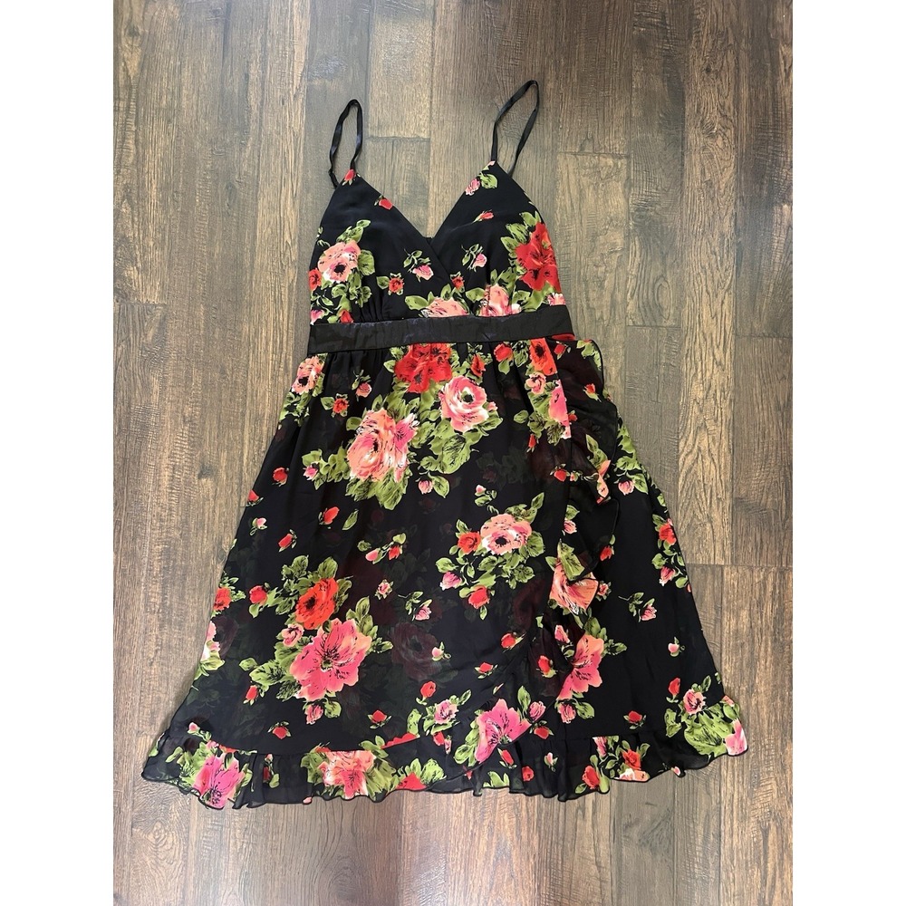 Torrid Dress Festi Faux Wrap Black‎ 20 Floral  Black Shear Lined Roses Satin Bow